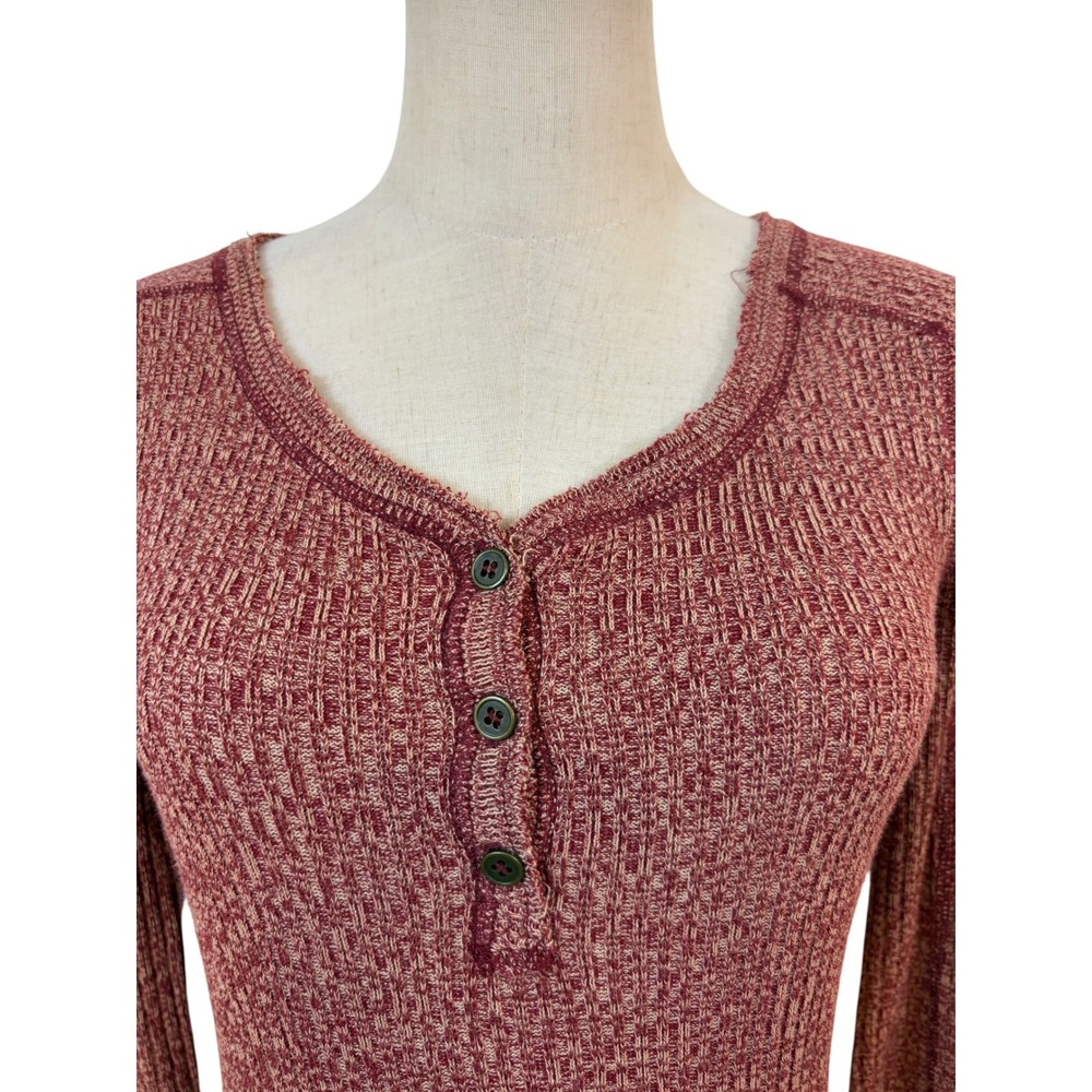 We The Free Henley Top Womens XS Burgundy Knit Thermal Striped Boho sock monkey - Picture 2 of 7